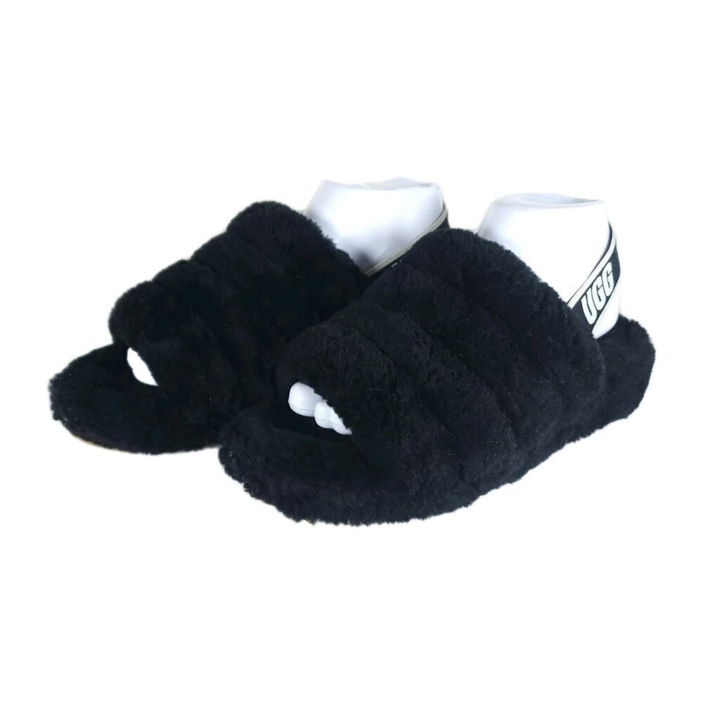 UGG Women's Fluff Yeah Slide US8 Black Fur Slip-On Flat Slippers Shoes